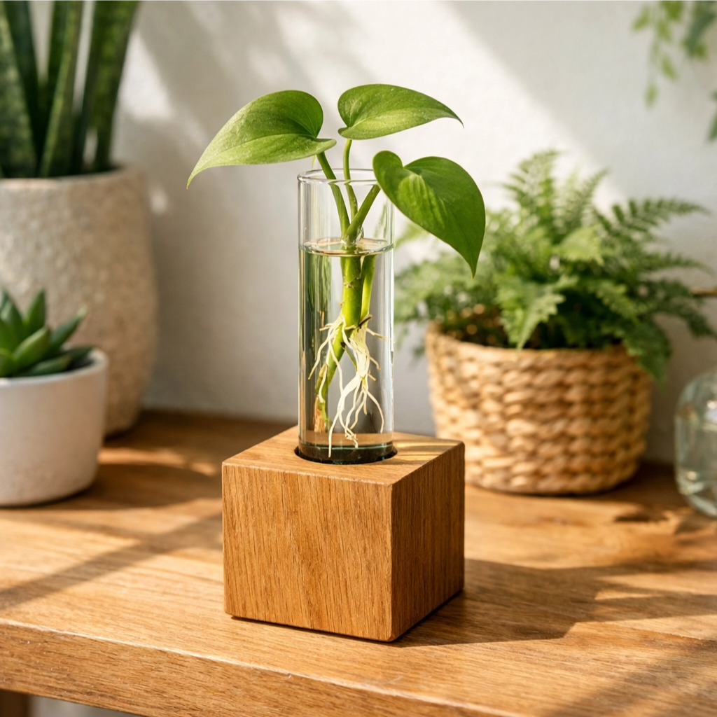 Vaso Decorativo Tubo De Ensaio Com Base De Madeira Bege